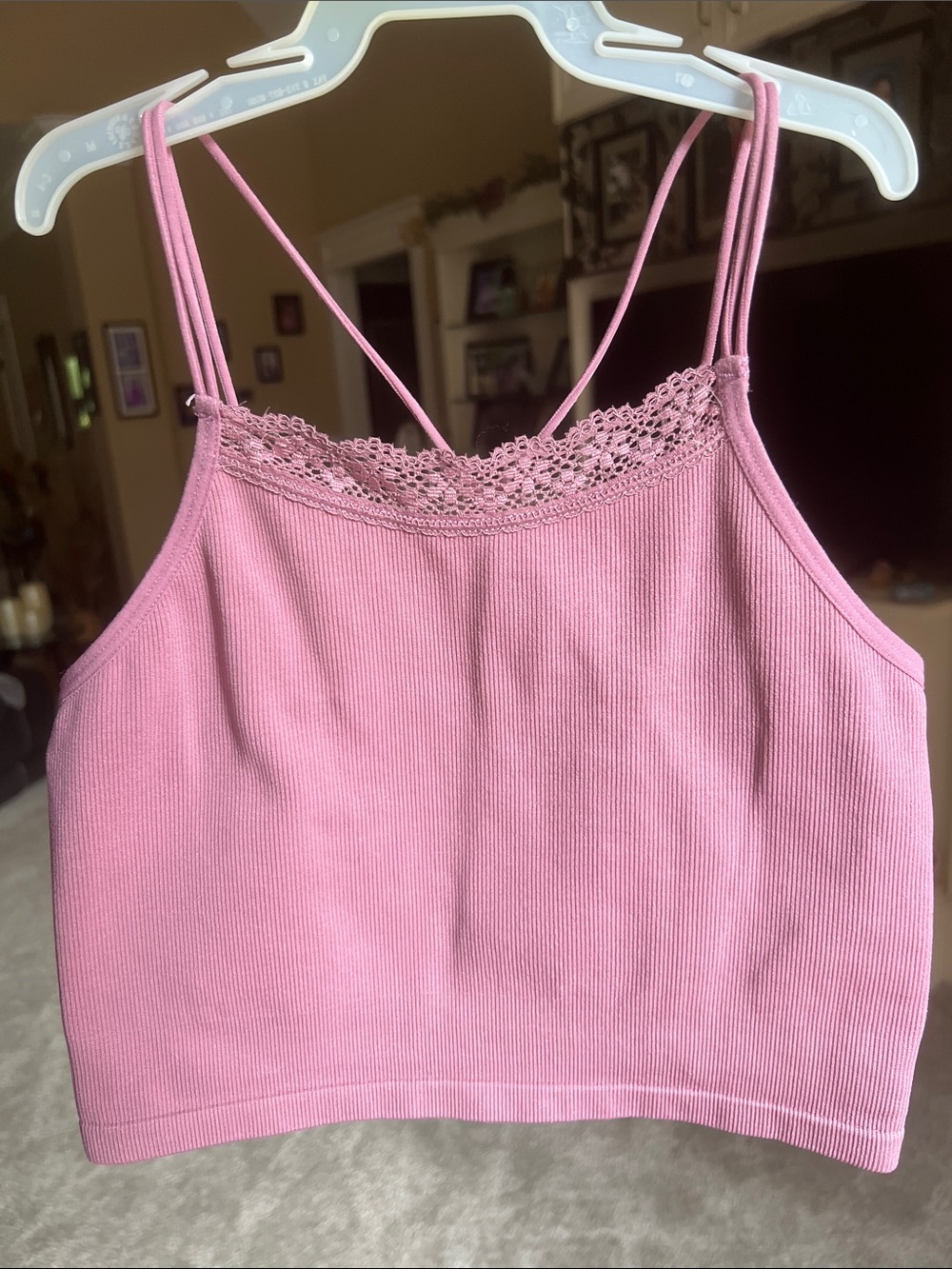 Lace Trim Ribbed Crop Cami Tank Top - Dusty Mauve